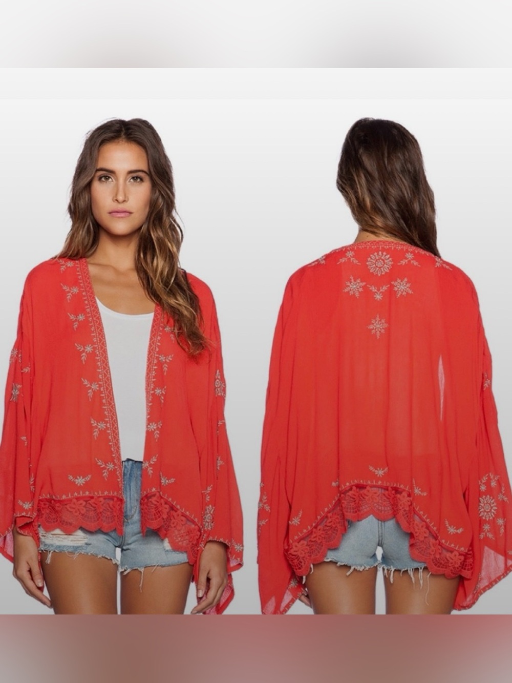 Free People Silver Embroidered Red Kimono